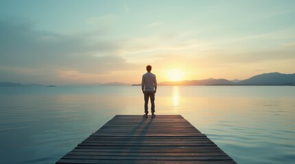 Fototapeta premium Man standing at the edge of a dock looking over calm water, symbolizing contemplation