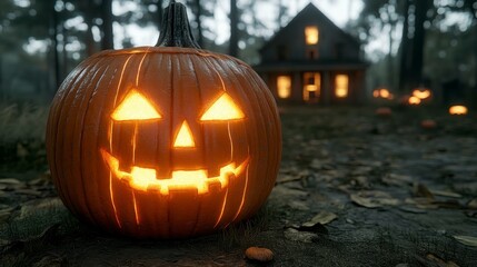 Obraz premium Halloween night backdrop with glowing pumpkins and a haunted house in a dark forest creating a spooky and thrilling design for holiday event concepts and banners
