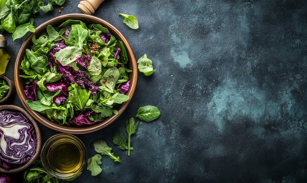 Salad with red cabbage in a bowl on rustic background