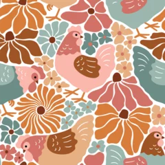 Seamless vector pattern with boho floral hen and summer flowers. Hand drawn groovy floral background. Perfect for textile, wallpaper or nursery print design. EPS10 vector file.