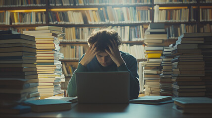 A nervous student sitting alone in a library, staring anxiously at a laptop screen with hands on their head, stacks of books around