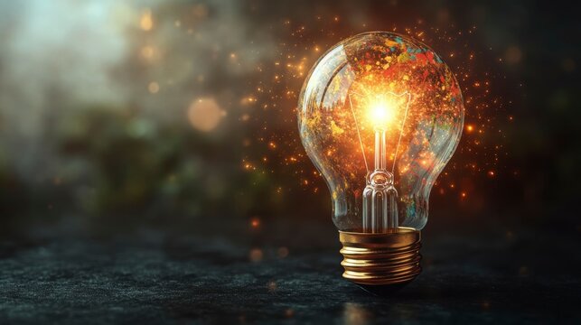 A creative light bulb bursts with colorful paint splashes on a black background representing a new way of thinking and the power of unique ideas perfect for visual concepts