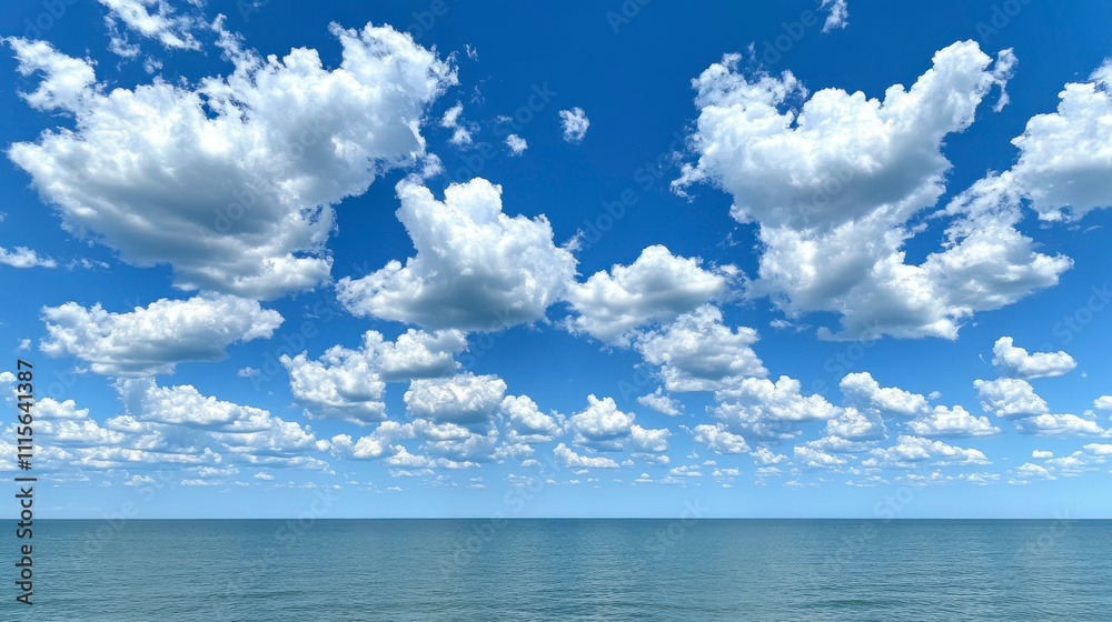 Poster a tranquil sky with fluffy cumulus clouds floating gently across the horizon creating a calming and 