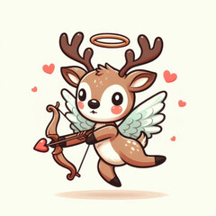 Fototapeta premium Illustration of cupid with wings for Valentine's day. A cute reindeer with angel wings holds a bow and arrow. Childlike cartoon art style