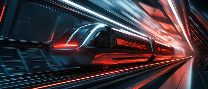 Futuristic hyperloop pod traveling through high tech tunnel with red lights