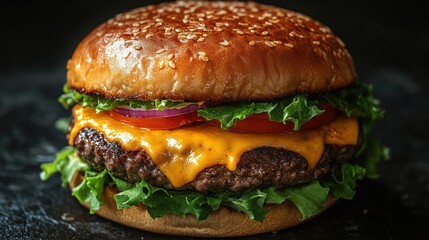 Juicy cheeseburger with lettuce, tomato, and onion on a sesame seed bun.