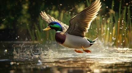 Obraz premium A mallard duck taking off from a pond