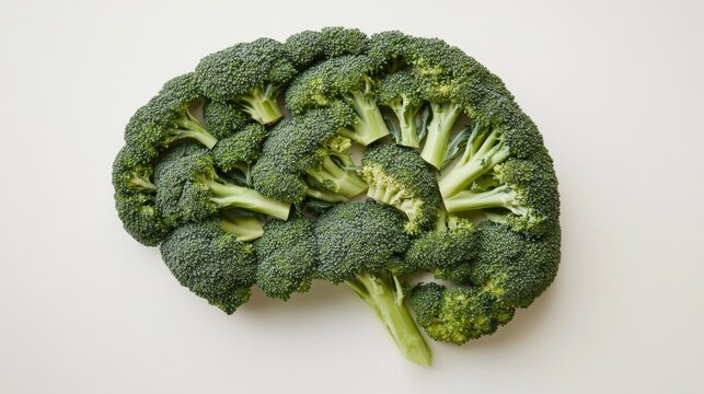 Broccoli shaped like a brain on a white background, creativity and healthy eating concept