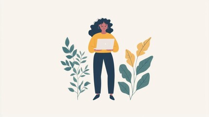 A woman with curly hair holds a laptop, surrounded by plants.