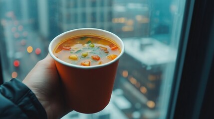 Hand holding hot vegetable soup in disposable cup by window overlooking city