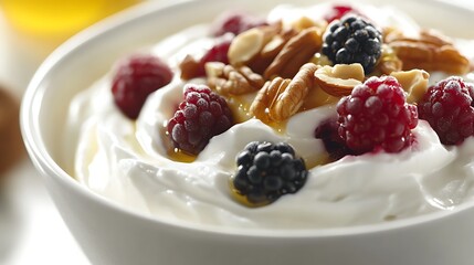 A breakfast spread featuring yogurt with fresh berries, nuts, and honey, emphasizing probiotics and antioxidants 