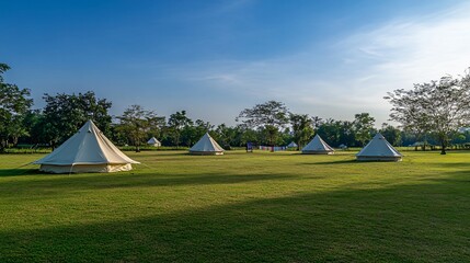 A peaceful camping scene with a tent set up on a lush green meadow, surrounded by nature. The campsite offers a serene escape, perfect for outdoor enthusiasts looking to enjoy a quiet and relaxing nig