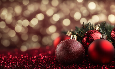 Obraz premium glamorous Christmas card featuring a cluster of shimmering red ornaments nestled among sparkling glitter and warm holiday lights.