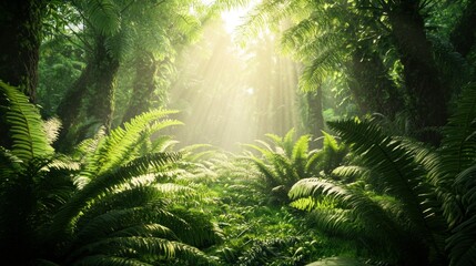Fototapeta premium A lush, tropical rainforest floor covered with ferns and mosses