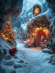 Obraz premium Fairy Tale Winter Street with Residents Singing Christmas Carols