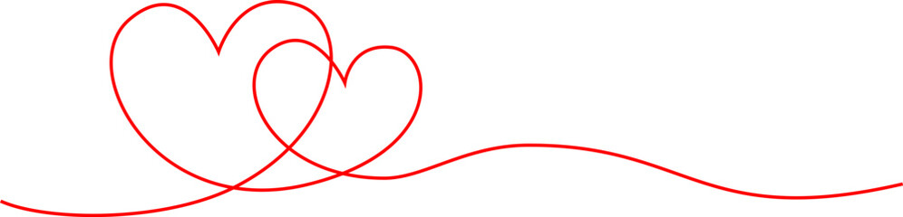 Two hearts hand drawn line, red, isolated on transparent background. Vector illustration. For Valentine's Day border or frame design