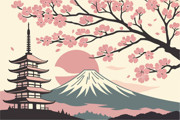 Illustrator Artwork of landscape and paysage nature and mountain and sky, clouds, lakes with nice view mount-fuji
