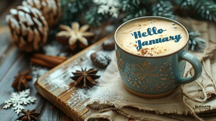 Hello January! Coffee cup with winter spices and decorations on rustic wooden table.