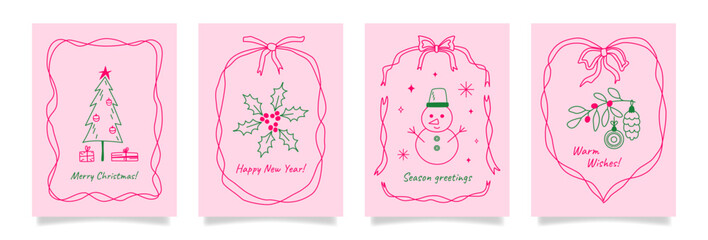 Hand drawn doodle Christmas greeting cards with typography. Retro vintage coquette frames with bows and ribbons. Line art whimsical drawings. Vector cover, background, banner, flyer template.