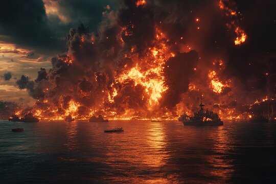 Fiery Naval Battle Inferno Engulfs Warships at Sea