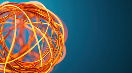 glowing tangled ball of orange wires on blue background