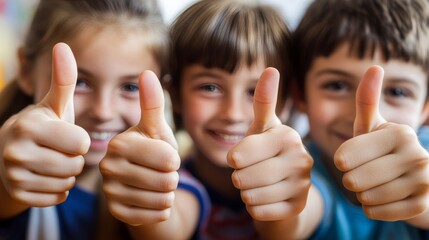 Diverse Group of Happy School Children Giving Thumbs Up in Classroom. Close Up, Education Concept.
