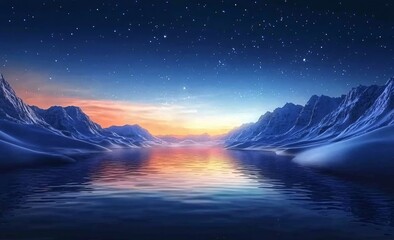 A breathtaking view of the Arctic snow-capped mountains and glaciers under a starry night sky. The frozen landscape is illuminated by the distant stars, creating a serene yet awe-inspiring atmosphere 