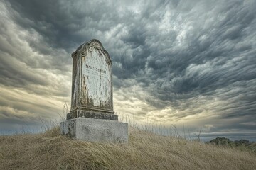 A weathered gravestone stands on a grassy hill under a dramatic sky.