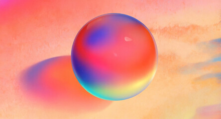 A colorful sphere sits on a flat surface, casting a shadow. The background is a gradient of pink and orange