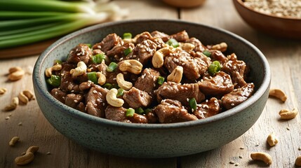 Fototapeta premium Rustic setup featuring cashew pork stir fry in a ceramic dish, surrounded by scattered cashews, green onions, and sesame seeds