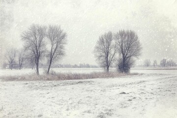 A serene winter landscape with snow-covered trees and a tranquil atmosphere.