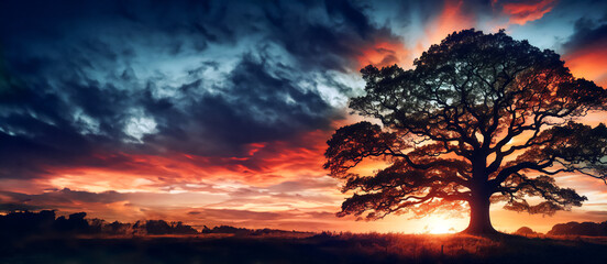 Oak Tree Silhouette Against Sunset Landscape Copyspace