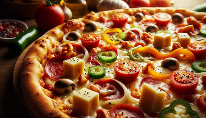 Vibrant pizza topped with fresh vegetables, cheese cubes, and pepperoni, arranged in a delicious,...