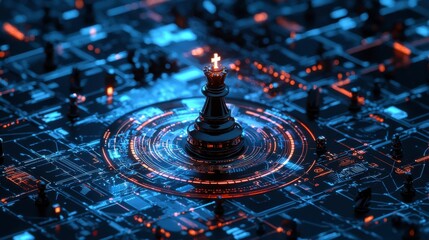 A chessboard with a glowing king piece surrounded by digital strategy diagrams, symbolizing leadership