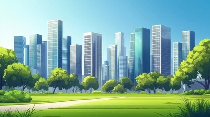 Fototapeta premium A cityscape with tall modern office buildings surrounded by lush green parks, urban harmony theme
