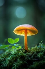 Fototapeta premium Mushrooms growing naturally in the forest, nestled among lush green foliage and scattered fallen leaves. This peaceful woodland scene captures the beauty of nature’s hidden treasures, with mushrooms t
