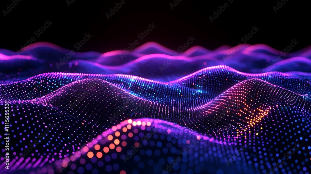 Poster abstract 3d wave pattern with colorful dots and lights on dark background for digital art and techno