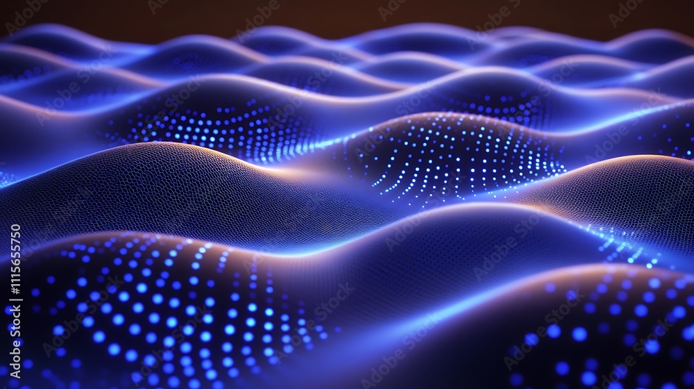 Poster abstract blue glowing waves with dots creating a dynamic visual landscape of light and texture