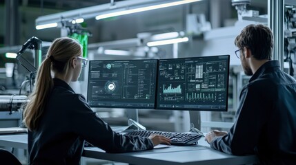 A professional team discussing sustainability goals, with digital infographics displayed on sleek monitors