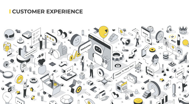 Customer Experience. Various scenes with tiny people depicting customer interactions with a brand and its influence on emotions and perceptions. Quality, satisfaction, loyalty, branding, impressions