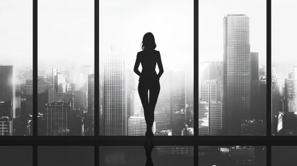 Fototapeta premium A silhouette of a confident professional standing in front of a floor-to-ceiling window overlooking a city skyline in black and white