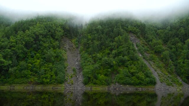Zeya reservoir reserve. Green coniferous hills covered with fog next to a calm lake.