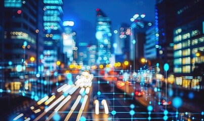 Obraz premium A cityscape at night with digital overlays representing technology.