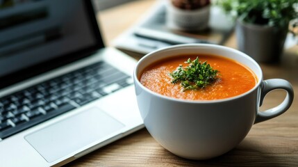 Office worker having healthy vegetable soup for lunch at workplace
