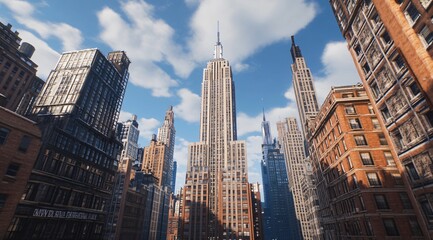 Naklejka premium The iconic Wall Street, featuring towering skyscrapers and bustling financial institutions. This cityscape highlights the center of global investment and finance, with architectural marvels shaping th