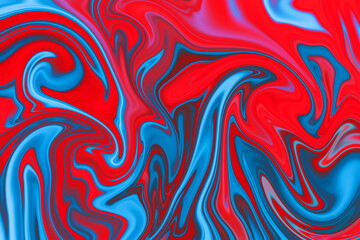 Abstract background of red and blue color from twirling waves. Background for design. Marble ink colorful. Can be used for background or wallpaper. Good for design or logo background or backdrop.