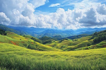 Obraz premium Vast grassland stretching towards distant mountain ranges, showcasing the beauty of nature in a serene and expansive landscape. The lush green plains meet the towering mountains in a peaceful harmony,