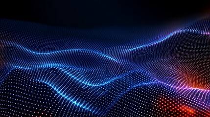 Obraz premium Abstract Digital Landscape with Blue and Orange Waves in a Dark Background for Technology and Innovation Concepts