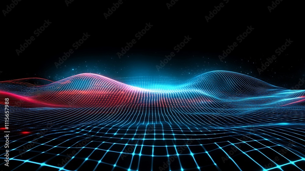 Poster abstract digital landscape with blue and red lines creating wave patterns on a black background