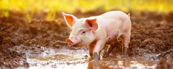 Piglet playing in muddy puddle under warm sunlight